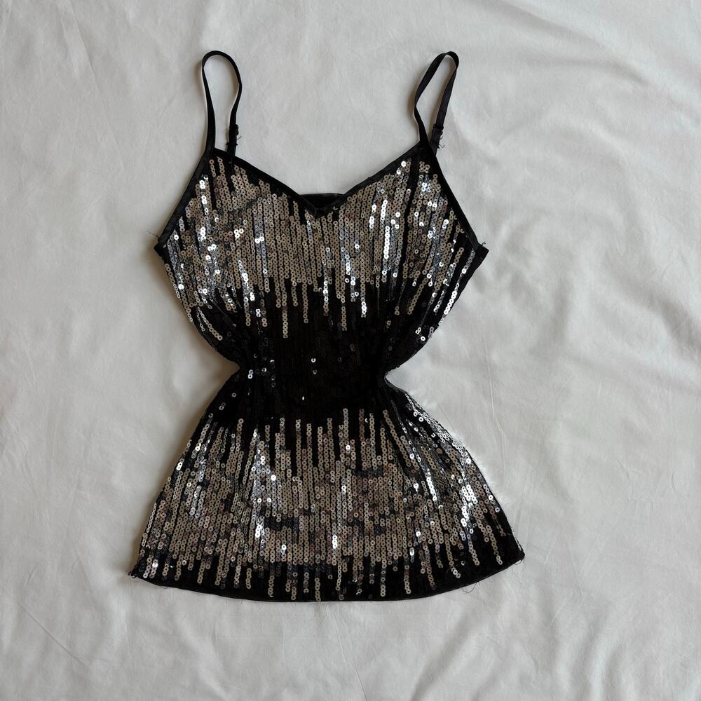 Black Sequin Cami Mesh Top - Size M